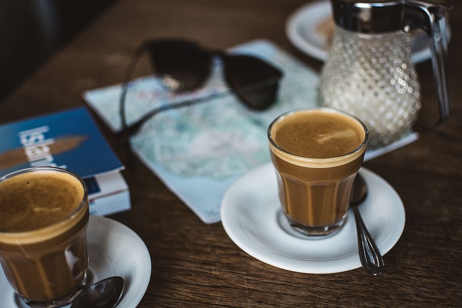 shallow focus photography of clear cups, First Coffee After Arriving to Iceland HD wallpaper