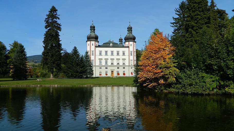 vrchlabi castle, autumn, reflection, trees, water-level, golden autumn HD wallpaper