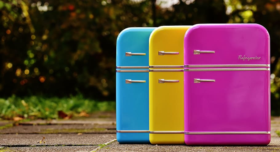 refrigerators, cans, candy jars, blue, yellow, pink, storage HD wallpaper