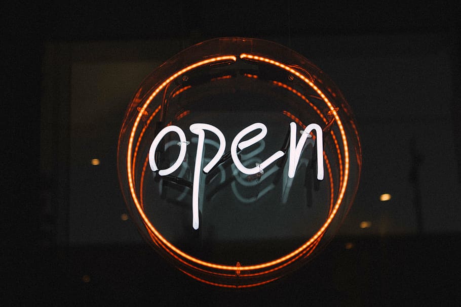 turned-on white and orange Open neon sign, led, signage, store, HD wallpaper