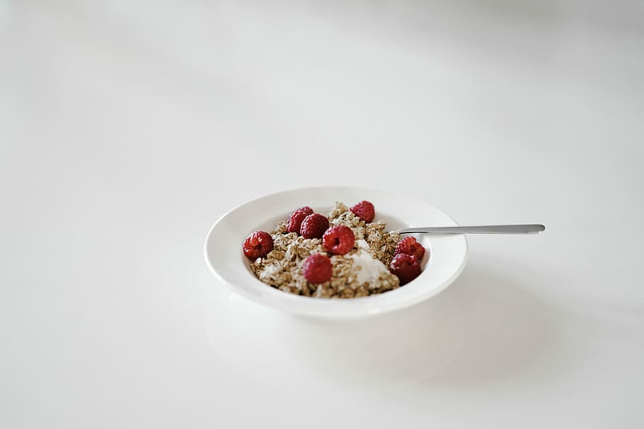 round white ceramic bowl with dessert and gray spoon, food with strawberries HD wallpaper