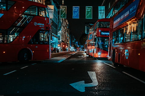 HD wallpaper: two red buses on road at night, transportation, vehicle ...