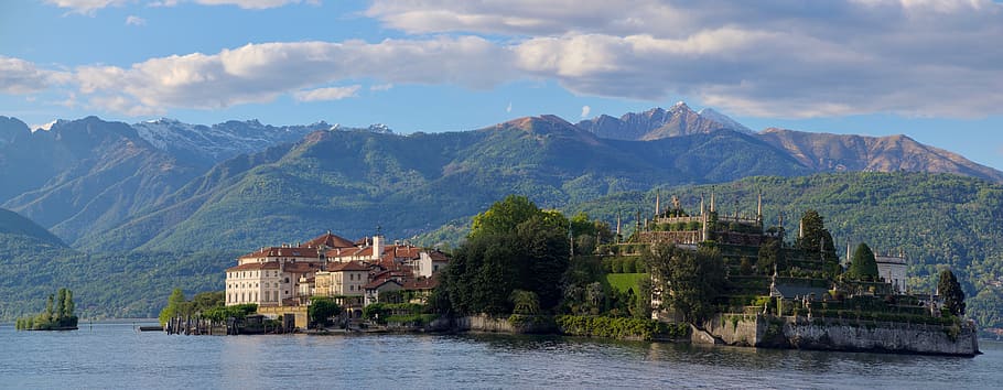 brown painted castle on island, panoramic, nature, mountain HD wallpaper