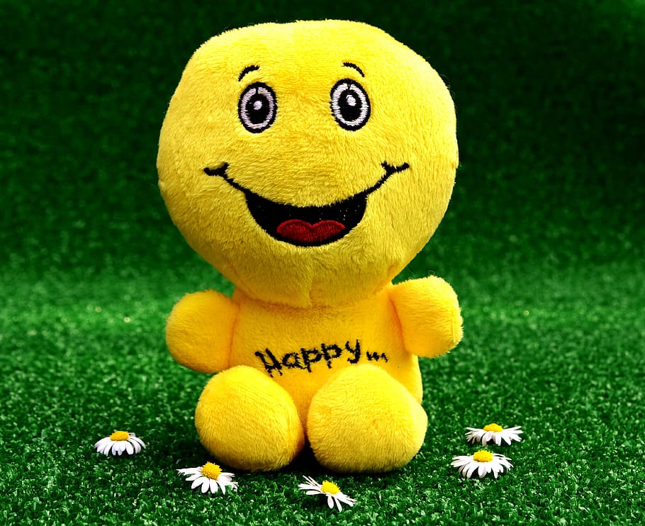 yellow character plush toy on green grass, Smiley, Laugh, Emoticon, HD wallpaper