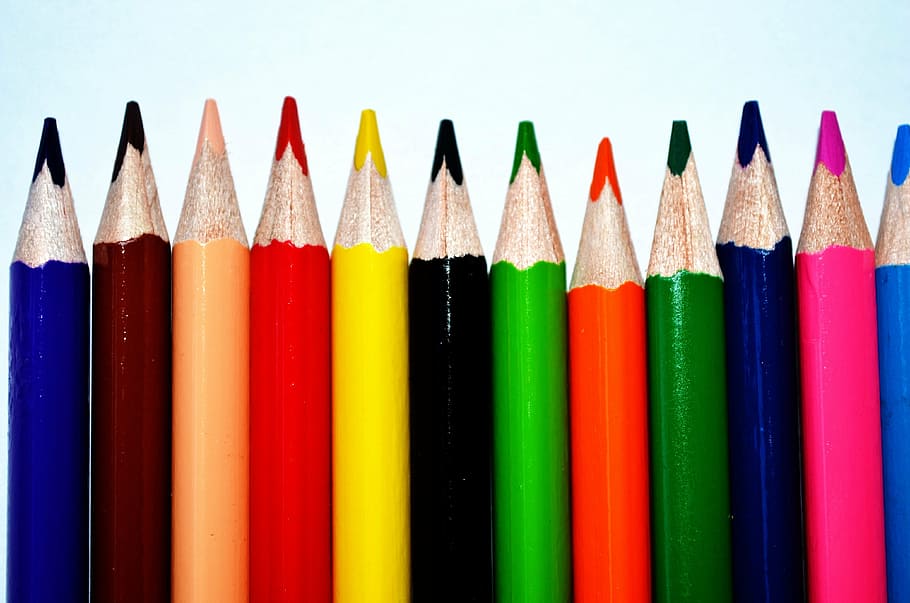 assorted-colored pencils, colors, crayons, background, blue HD wallpaper