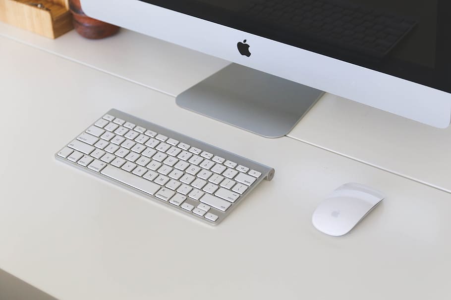 silver and white Apple Magic Mouse and Apple Keyboard, iMac, home office, HD wallpaper