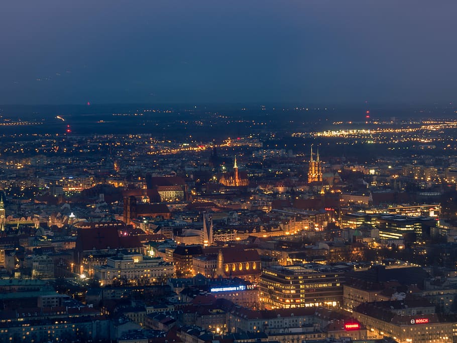 aerial view of buildings with lights during nighttime, wroclaw, HD wallpaper