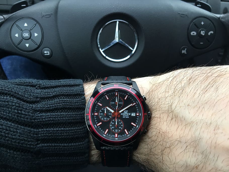watch, wristwatch, casio, car, steering wheel, mercedes, mode of transportation