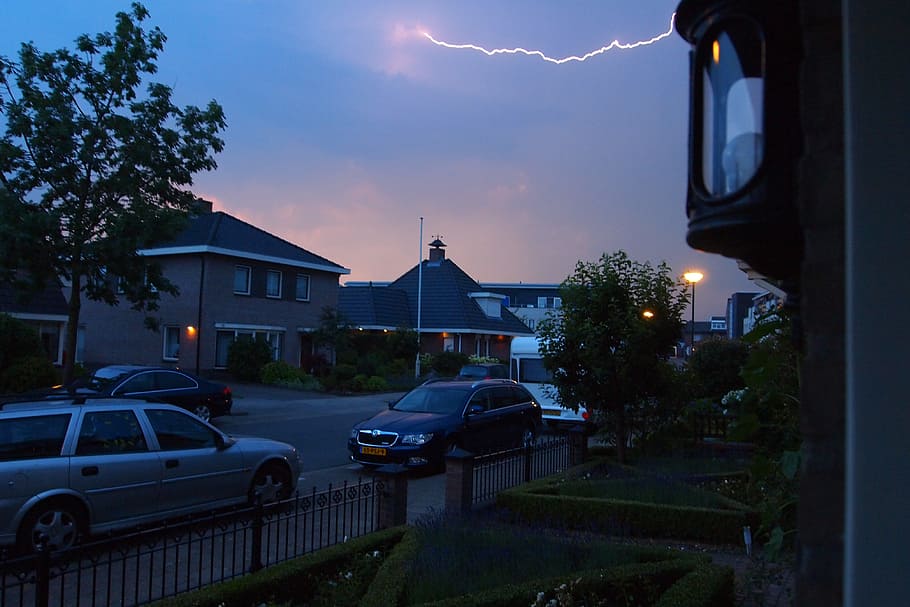 storm, street, clouds, lightning, heaven, houses, night, architecture HD wallpaper