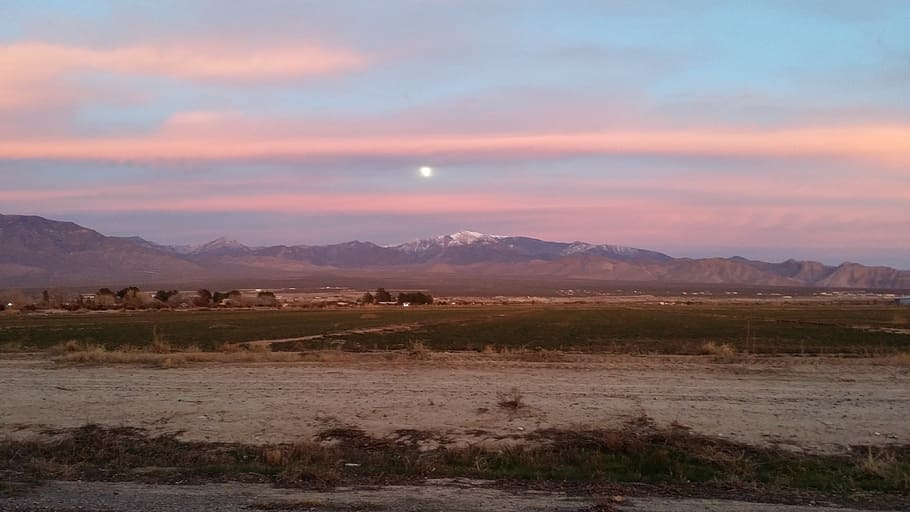 moonrise, sunset, clouds, desert, farm, landscape, evening, HD wallpaper