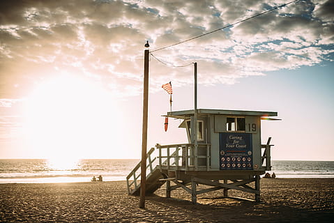 baywatch, beach, clouds, dawn, dusk, lifeguard, ocean, sand HD wallpaper