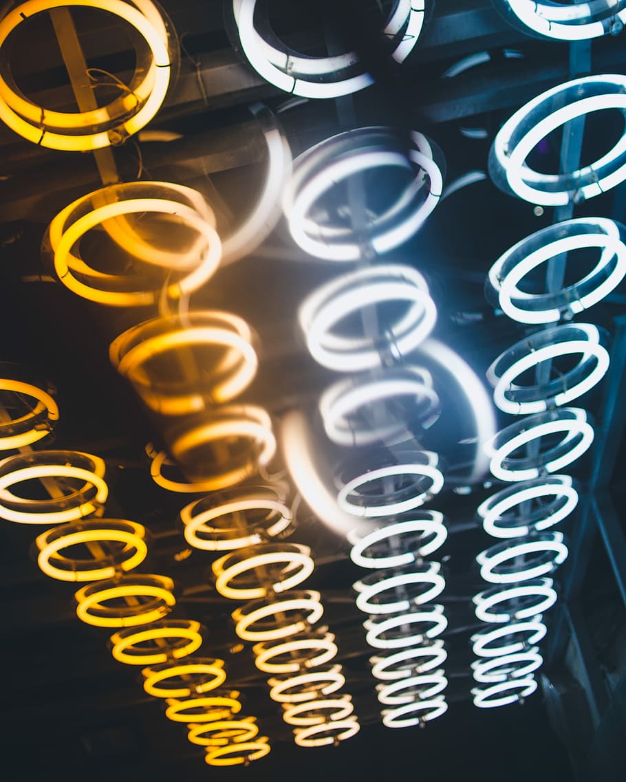white and yellow LED lights, turned on round ceiling lamps, rings HD wallpaper