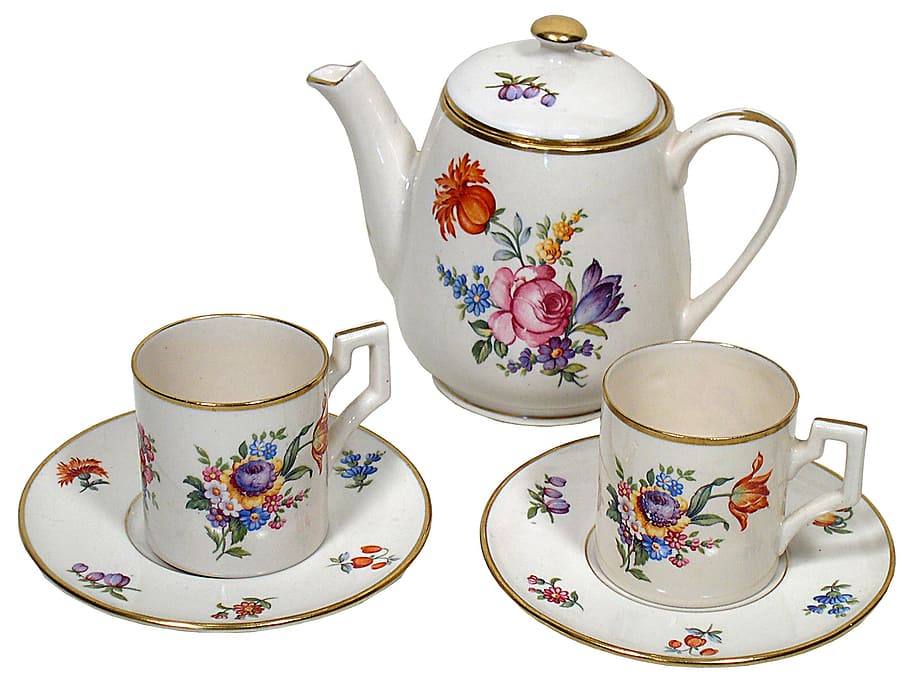 white-pink-and-blue floral ceramic teapot, teacups, and saucers, HD wallpaper