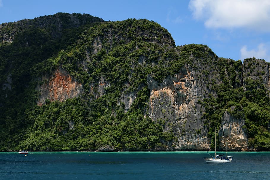 phi phi islands, krabi, thailand, water, tree, plant, transportation HD wallpaper