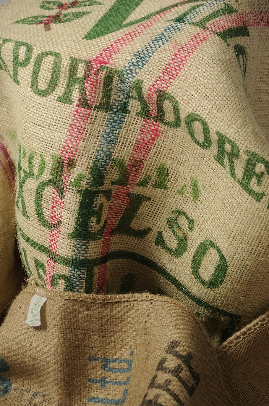 coffee, beans, sack, textile, close-up, indoors, communication HD wallpaper
