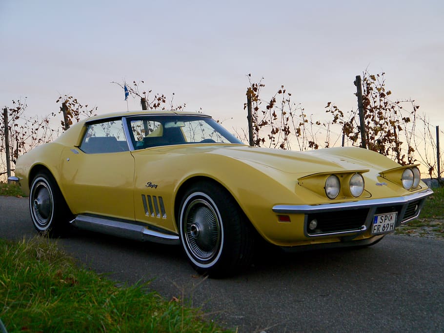 corvette, oldtimer, auto, historically, vehicle, yellow, classic HD wallpaper