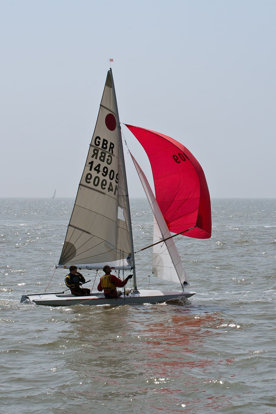 HD wallpaper: two man dingy, full sail, red, water, sailing, boat, wind ...