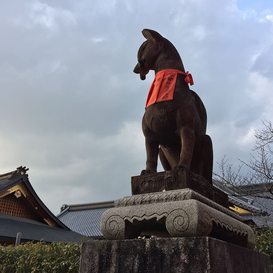 fushimi inari, japan, monastery, beast, sculpture, fox, building, HD wallpaper