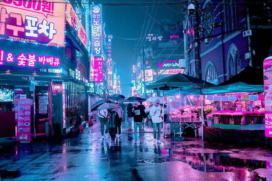 Neon Rain, man standing beside flower shop, city, market, umbrella