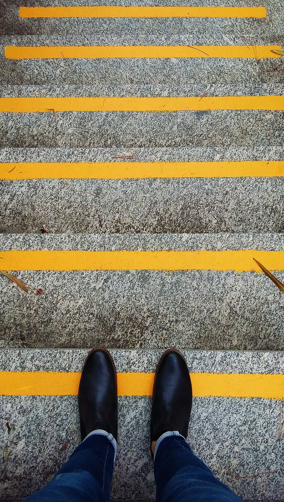 person standing near yellow lines, get down, descent, steps HD wallpaper