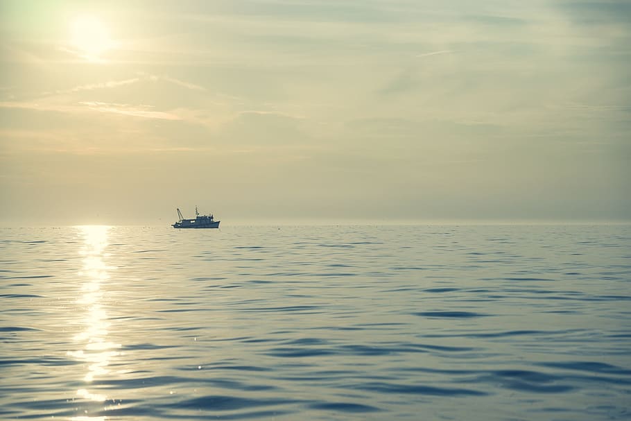 sunset, boat, ship, ocean, sea, water, horizon, sky, nautical vessel HD wallpaper