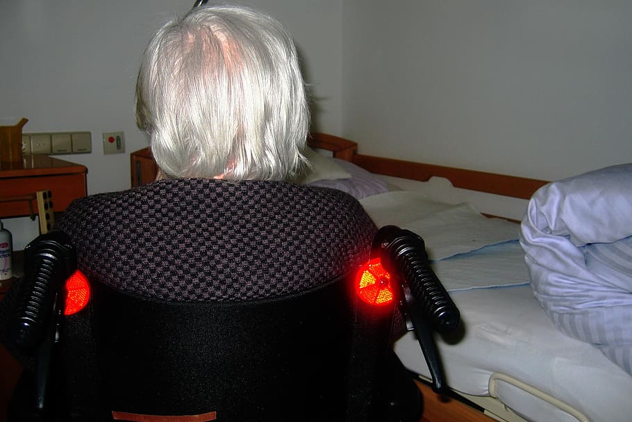 woman sitting on wheelchair, old, age, grey hair, grandma, retirement home, HD wallpaper