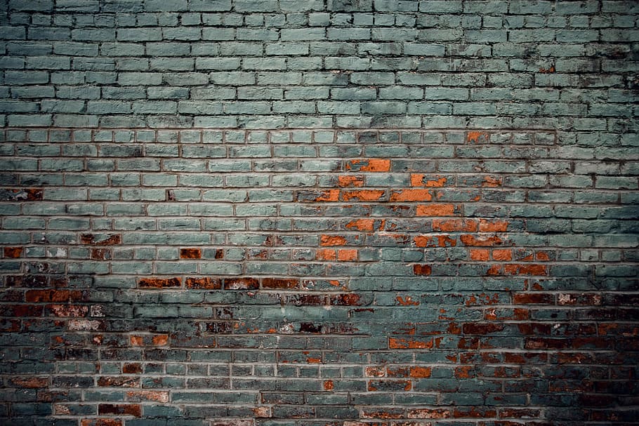 gray wall paint, teal and brown brick wall, texture, pattern