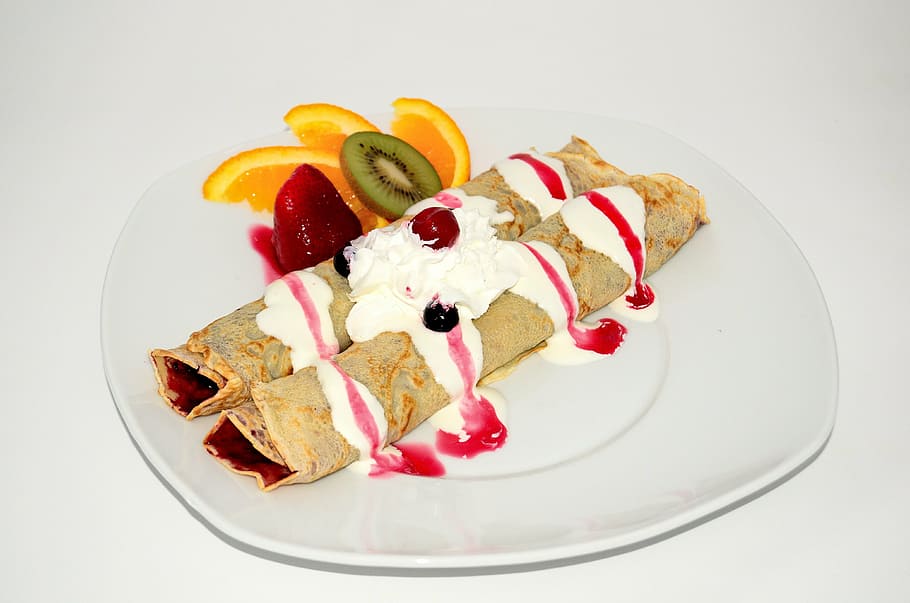 desert dish, pancakes, dessert, fruit, sweets, whipped cream HD wallpaper