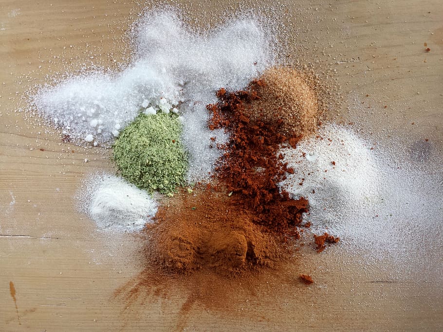 brown and white condiments, spices, herbs, cooking, bronze HD wallpaper