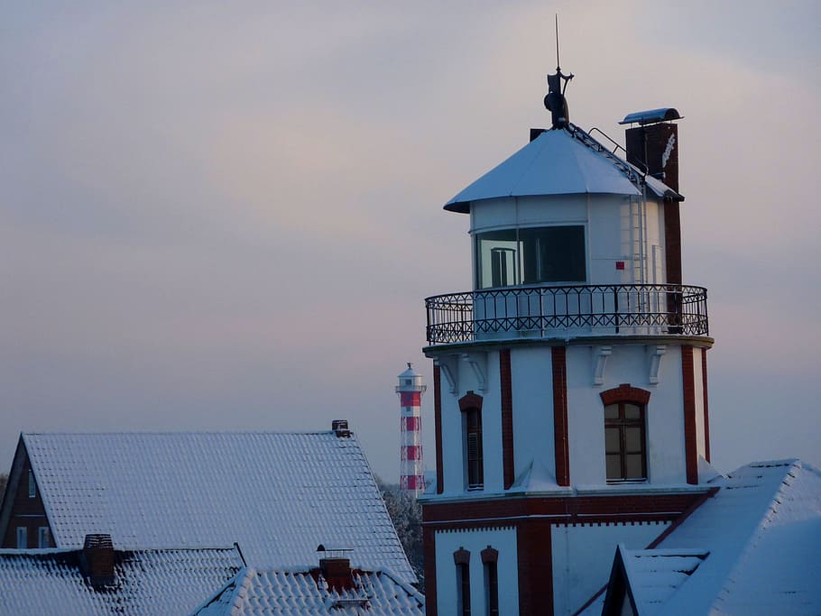 lighthouse, winter, maritime, beacon, old country, elbe, landscape HD wallpaper