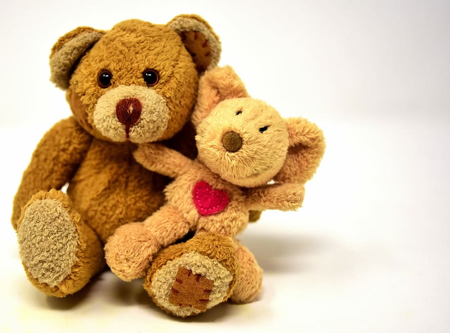 two brown bear plush toys on white surface, teddy, mouse, heart, HD wallpaper