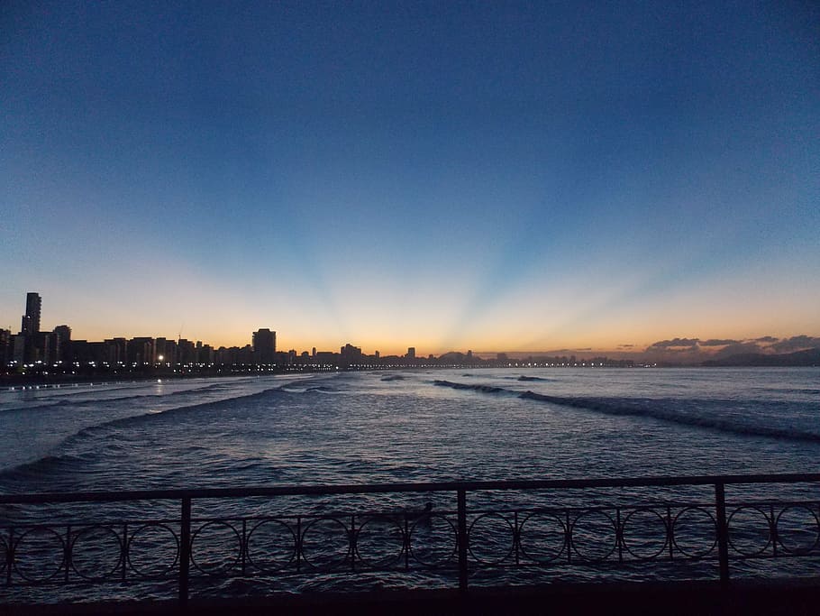 sunrise, sky, mar, buildings, santos, water, architecture, built structure HD wallpaper