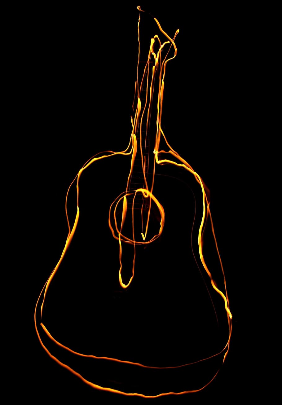 yellow guitar illustration, music, painting with light, glowing, HD wallpaper
