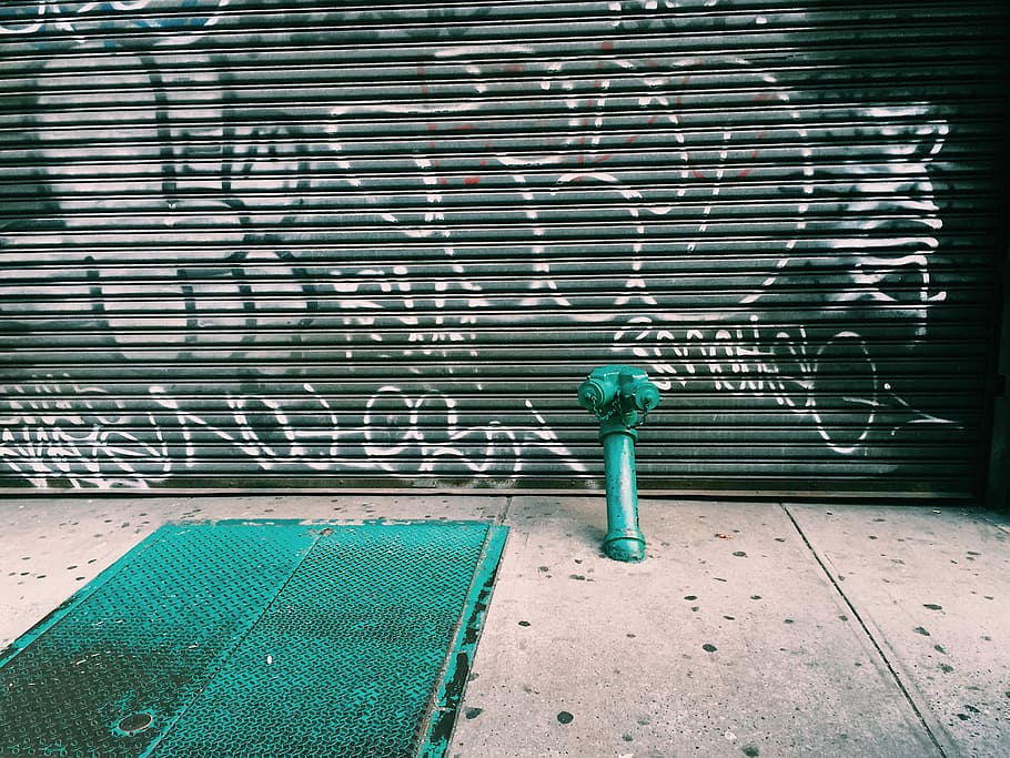 green fire hydrant near garage door, teal hydrant against graffiti wall HD wallpaper