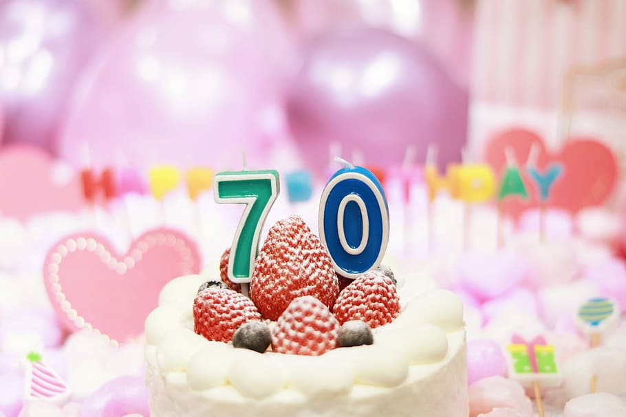 white and red Cake with strawberry on top 70th birthday celebration, HD wallpaper