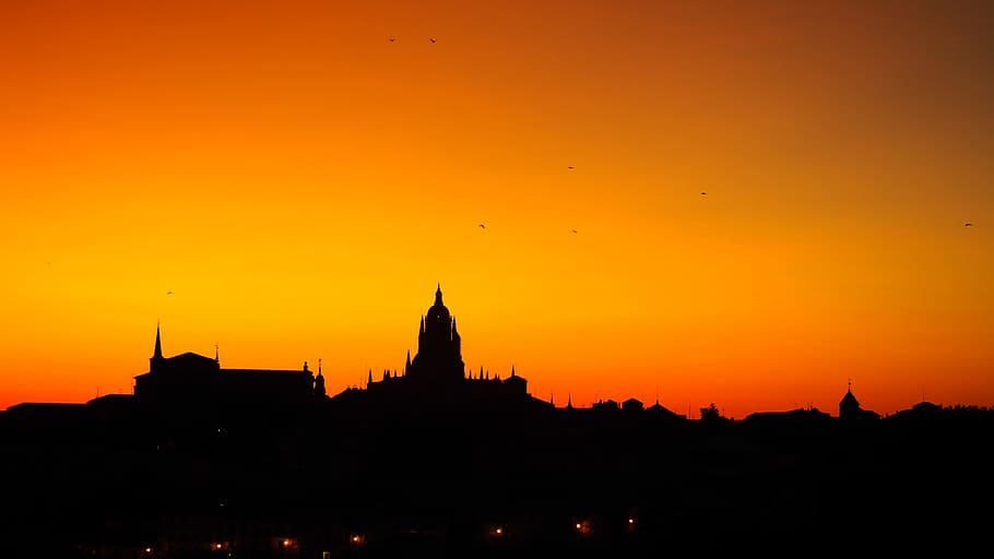 segovia, cathedral, sunset, profile, red, yellow, silhouette HD wallpaper