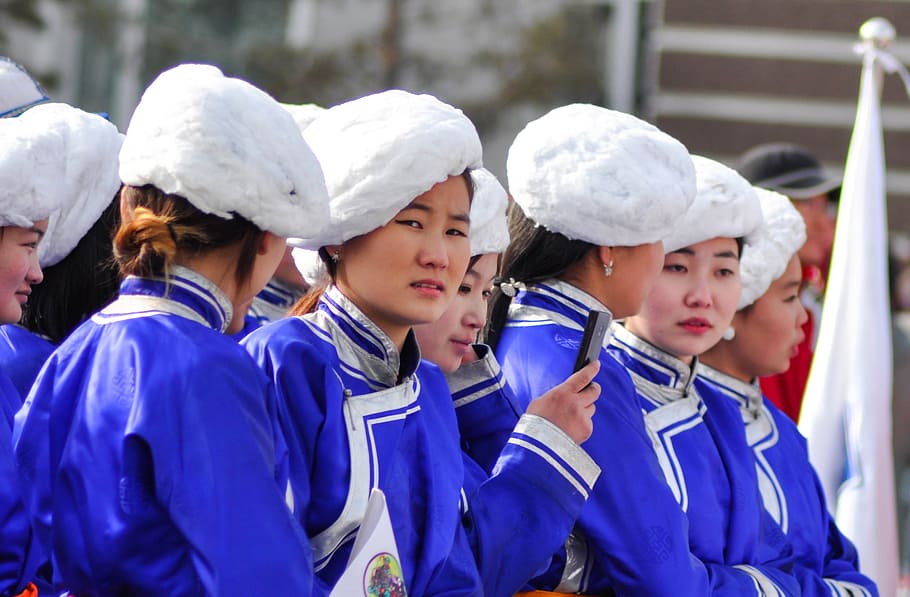 hat, white, blue, ladies, mongolia, costume, traditional, parade HD wallpaper