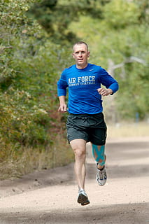 man in blue long-sleeved shirt running, runner, training, triathalon HD wallpaper