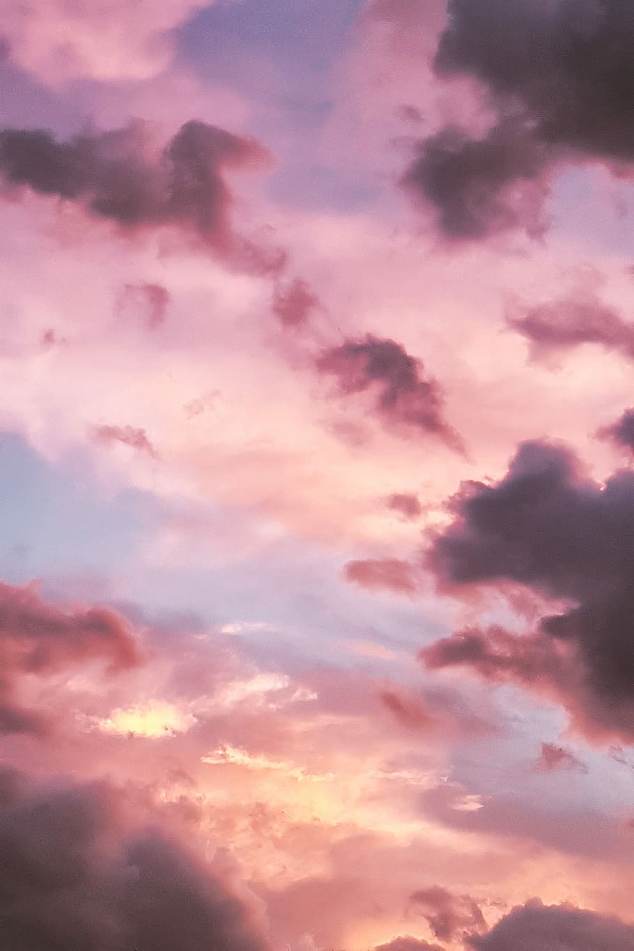 low angle photo of clouds, cloudy sky, pink, cloudscape, sunset, HD wallpaper