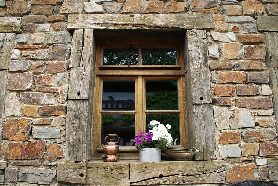 wall, quarry stone, window, frame, flowers, copper boiler, wood HD wallpaper