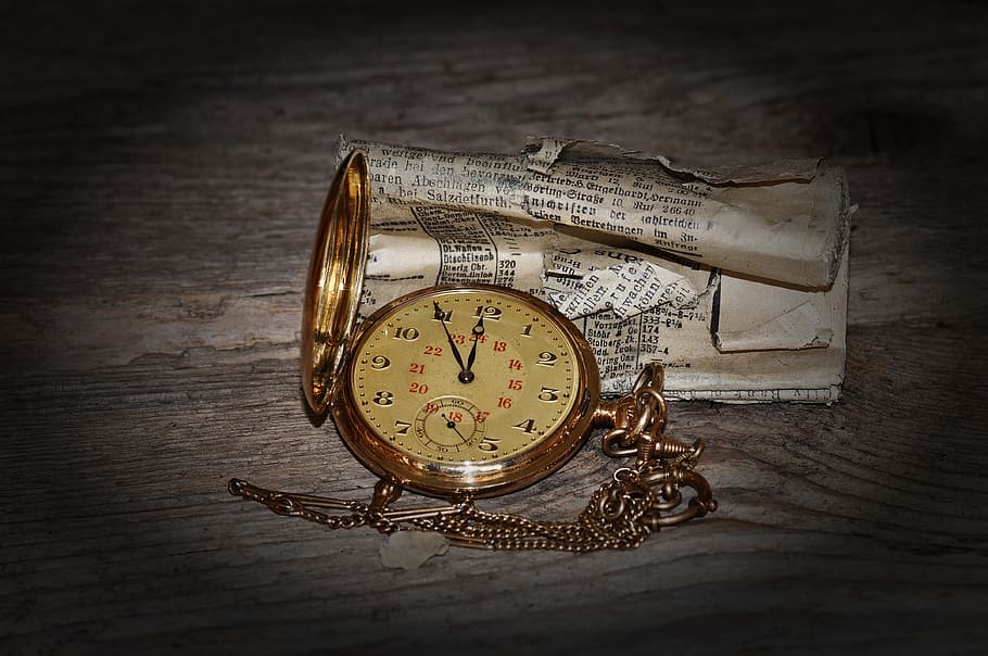 gold-colored pocket watch at 12:55, clock, clock face, time of