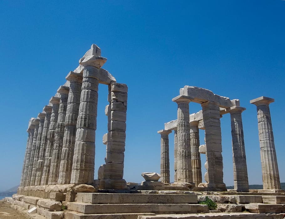 Greece, Cape Sounion, Temple, temple poseidom, old ruin, architectural column, HD wallpaper