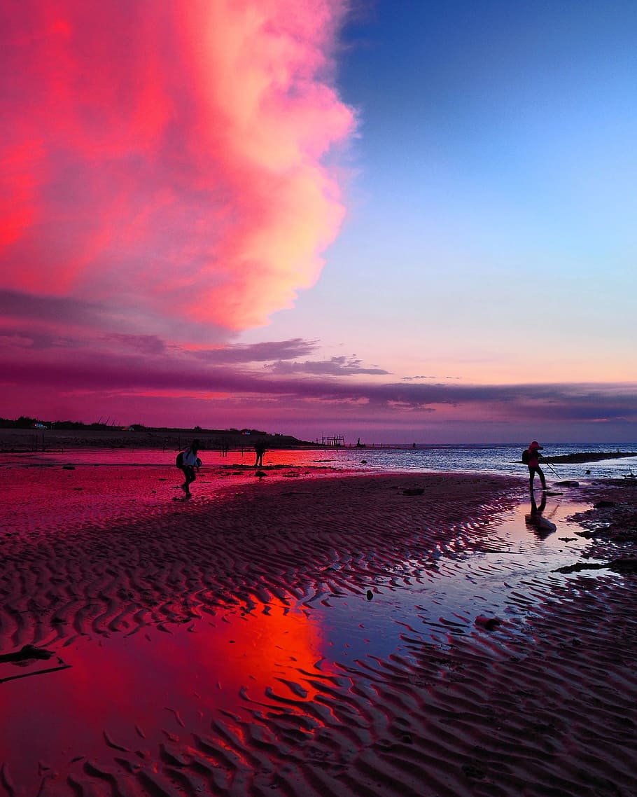 sky, pink clouds, at dusk, taoyuan, beach, water, coast, a surname, HD wallpaper