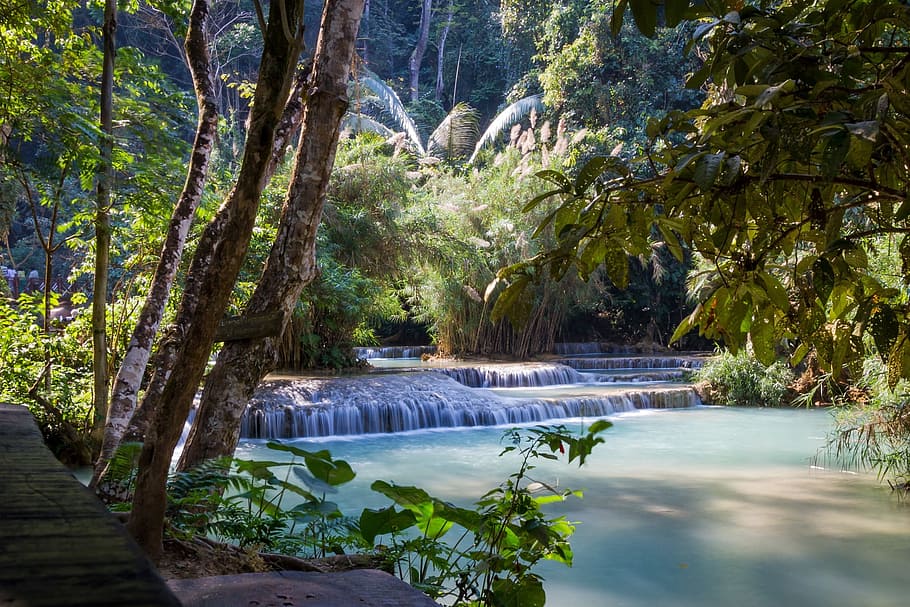 photo of springs, lao, waterfall, kuang si falls, asia, luang prabang