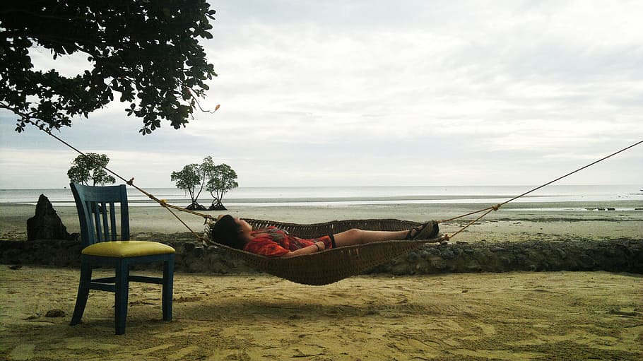 woman lying on brown wicker hammock, Relax, Relaxation, Beach HD wallpaper
