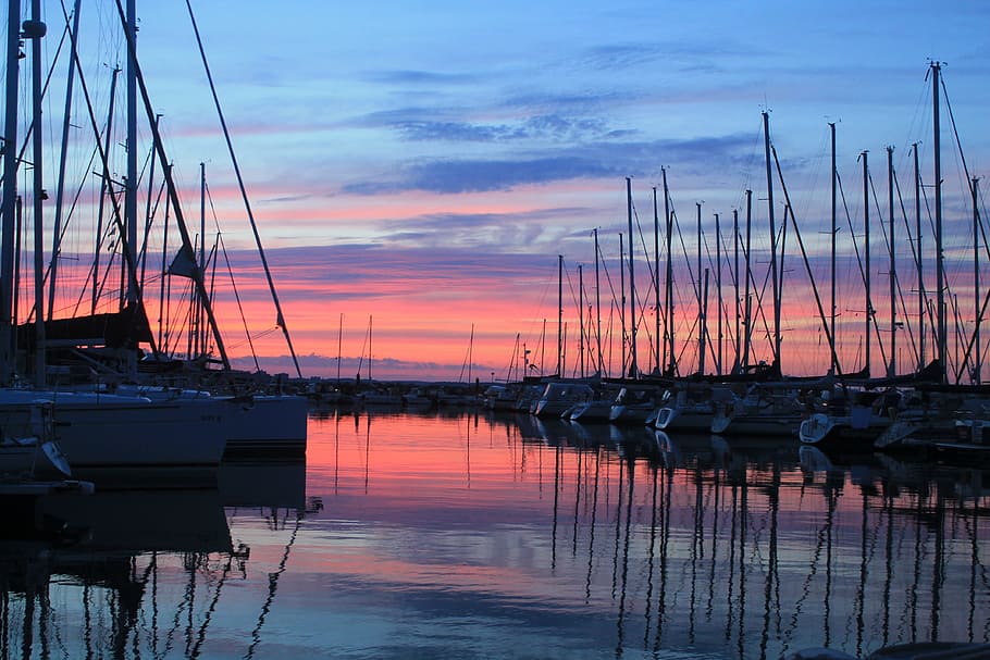 sail boat near dock during golden hour, port, boats, ships, sunset