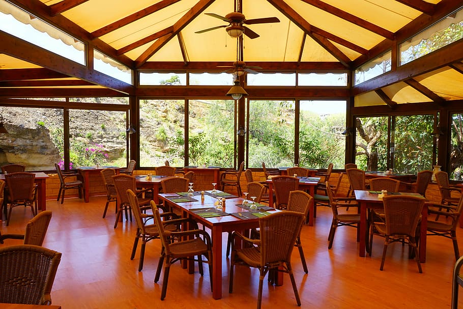 restaurant with chair and table, breakfast room, space, eat HD wallpaper