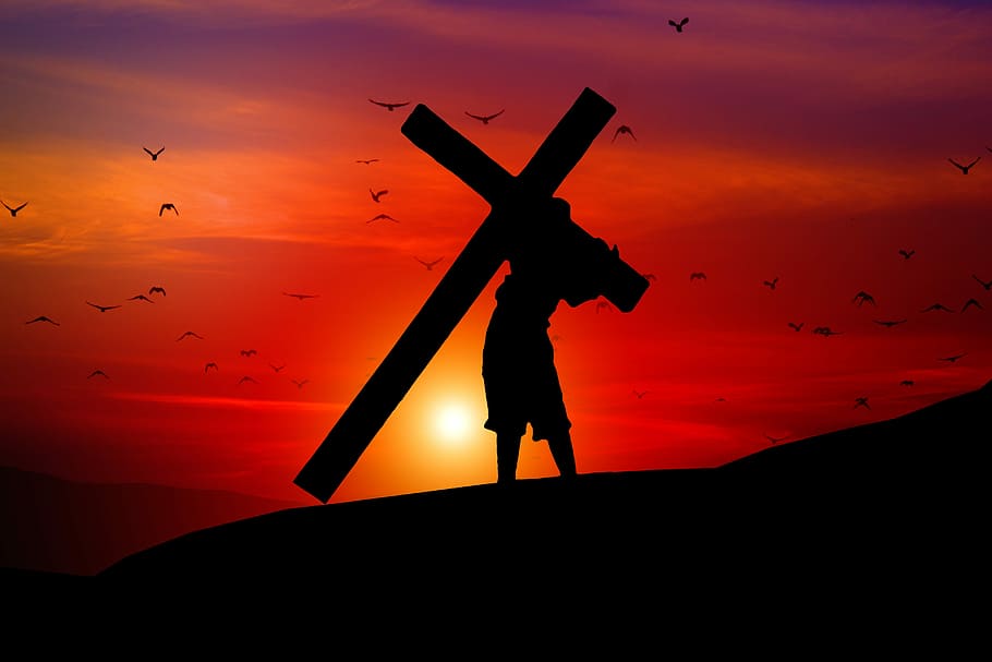 silhouette of person carrying cross, jesus, faith, crucifixion