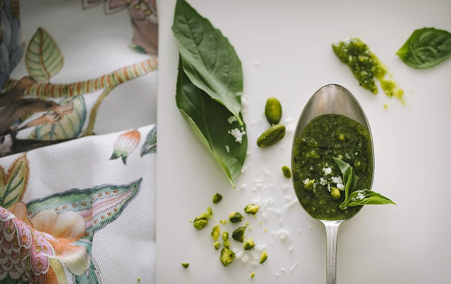 green leaves and gray spoon, green leaves collage, leaf, table HD wallpaper