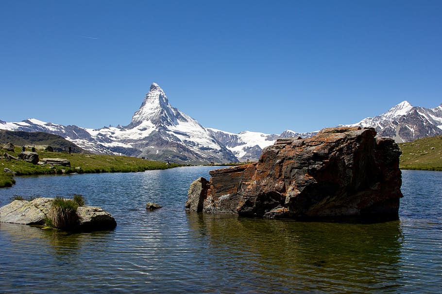 mountain, lake, nature, landscape, mountain lake, summer, sky HD wallpaper